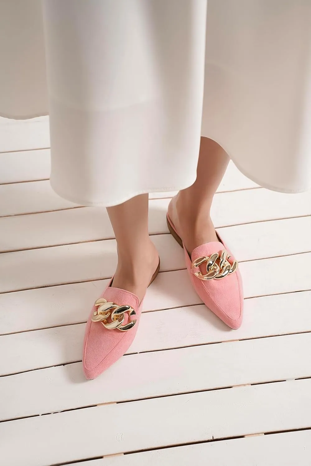 Women's White Buckle Mules: Pointed Toe, Flat Heel, Slip On, Casual Mule Shoes
