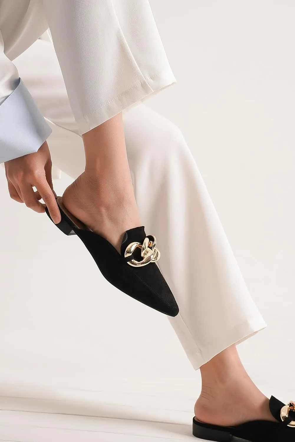 Women's White Buckle Mules: Pointed Toe, Flat Heel, Slip On, Casual Mule Shoes