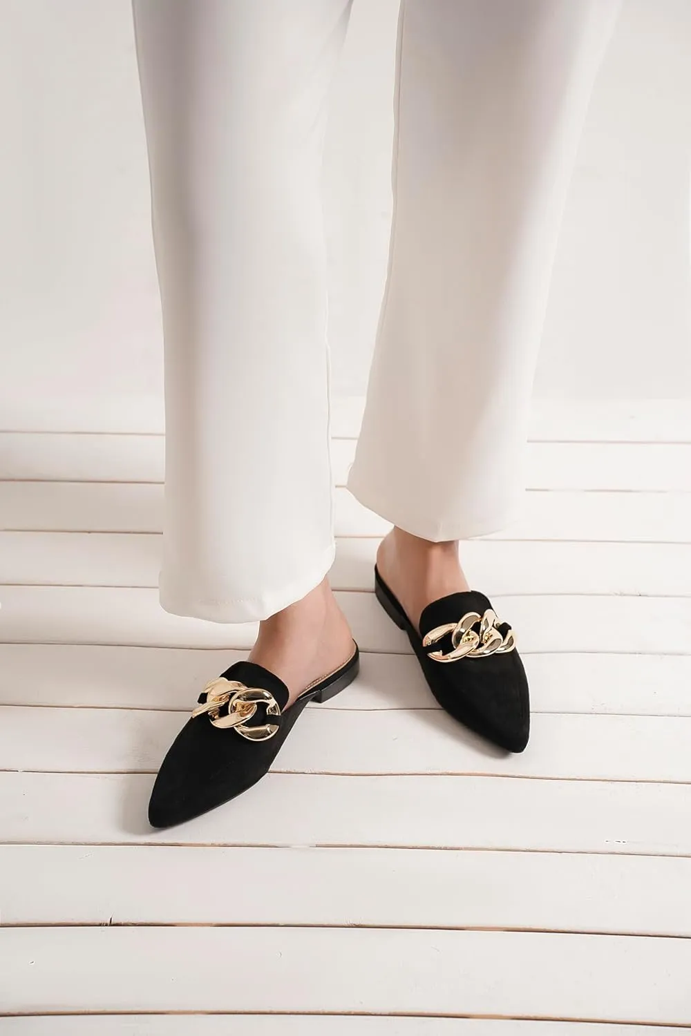 Women's White Buckle Mules: Pointed Toe, Flat Heel, Slip On, Casual Mule Shoes