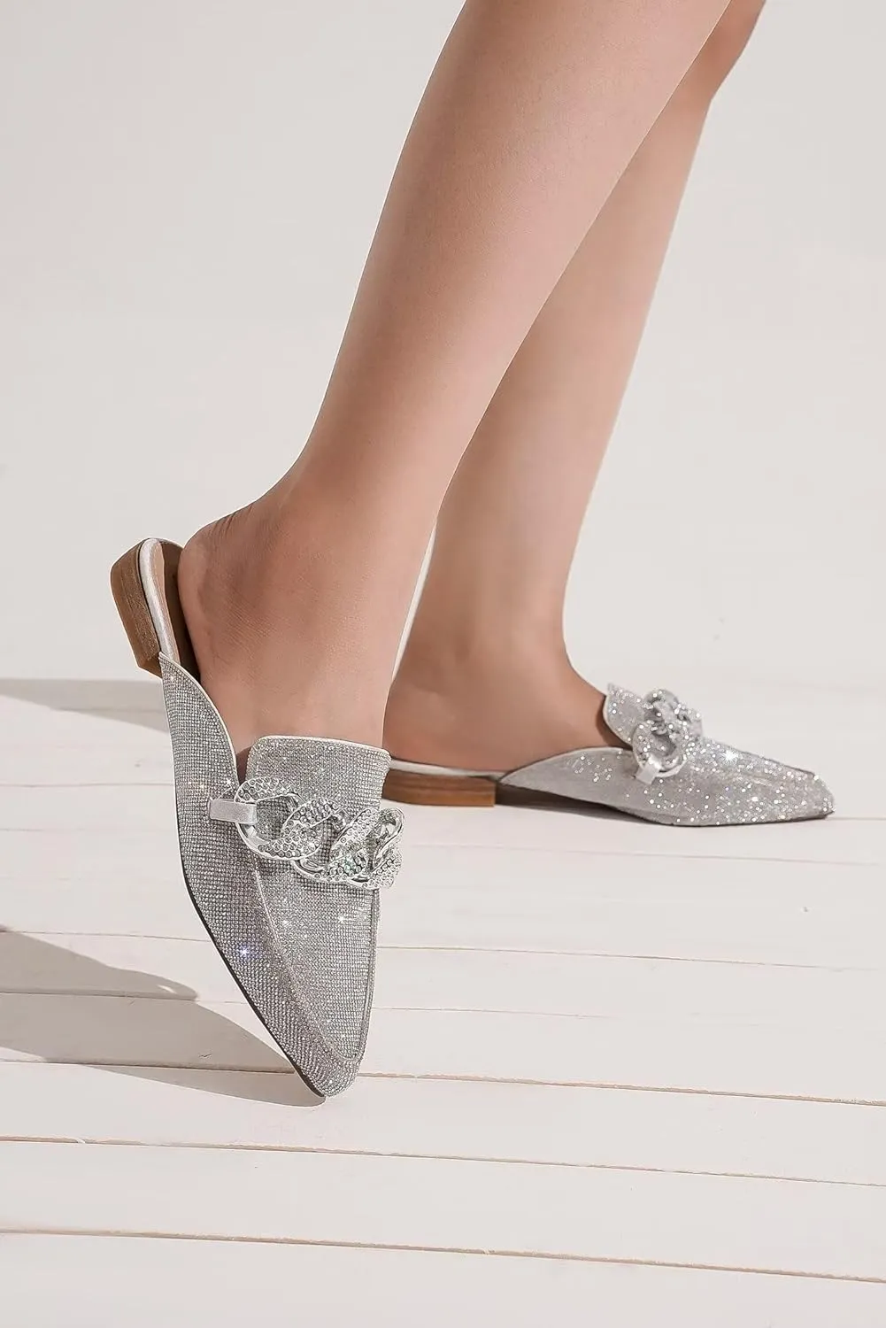 Women's White Buckle Mules: Pointed Toe, Flat Heel, Slip On, Casual Mule Shoes
