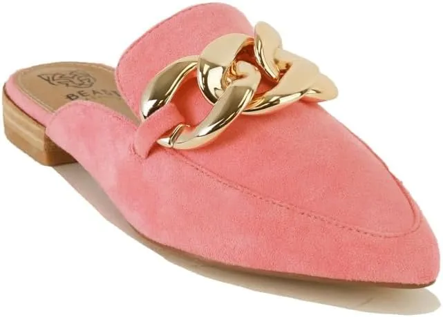 Women's White Buckle Mules: Pointed Toe, Flat Heel, Slip On, Casual Mule Shoes