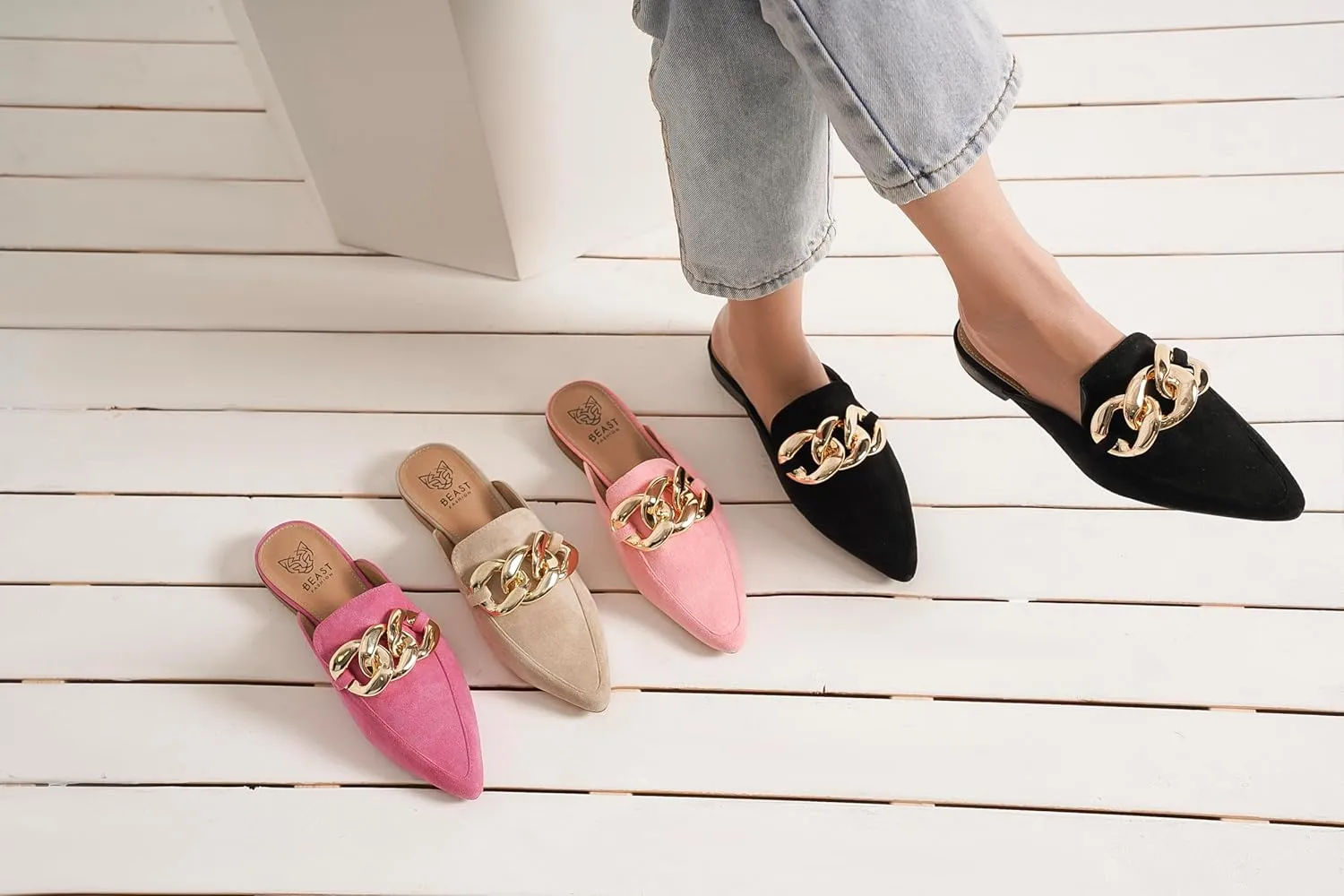 Women's White Buckle Mules: Pointed Toe, Flat Heel, Slip On, Casual Mule Shoes