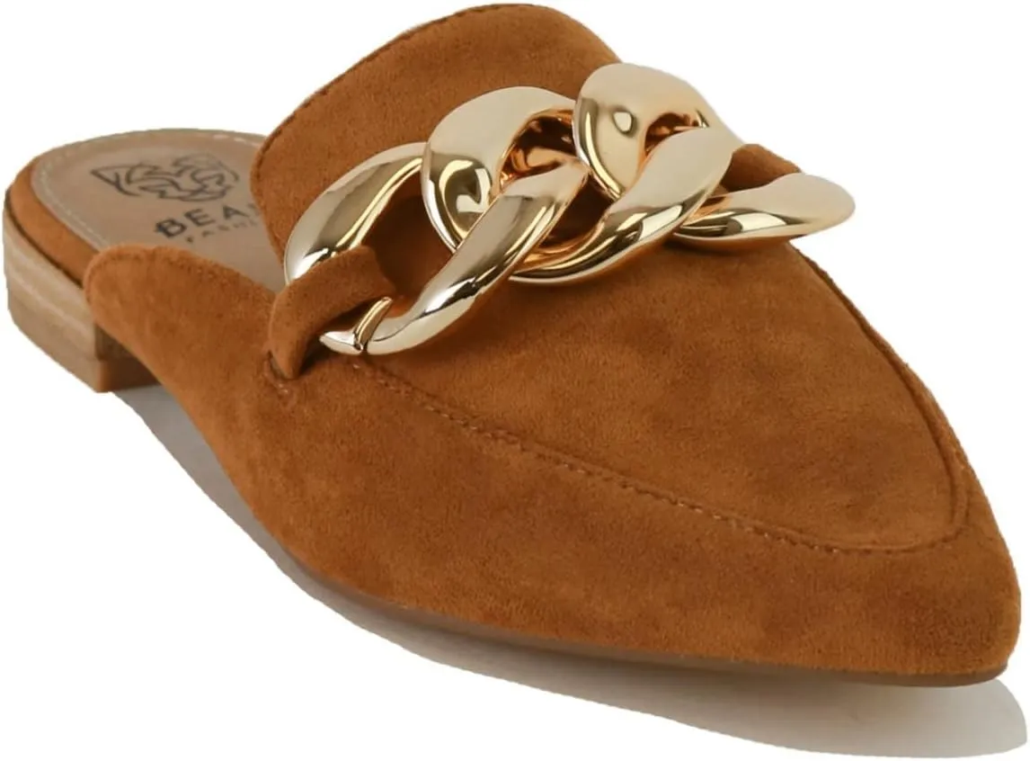 Women's White Buckle Mules: Pointed Toe, Flat Heel, Slip On, Casual Mule Shoes