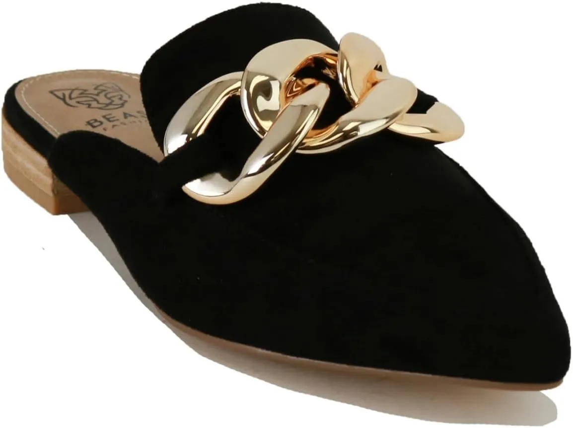 Women's White Buckle Mules: Pointed Toe, Flat Heel, Slip On, Casual Mule Shoes