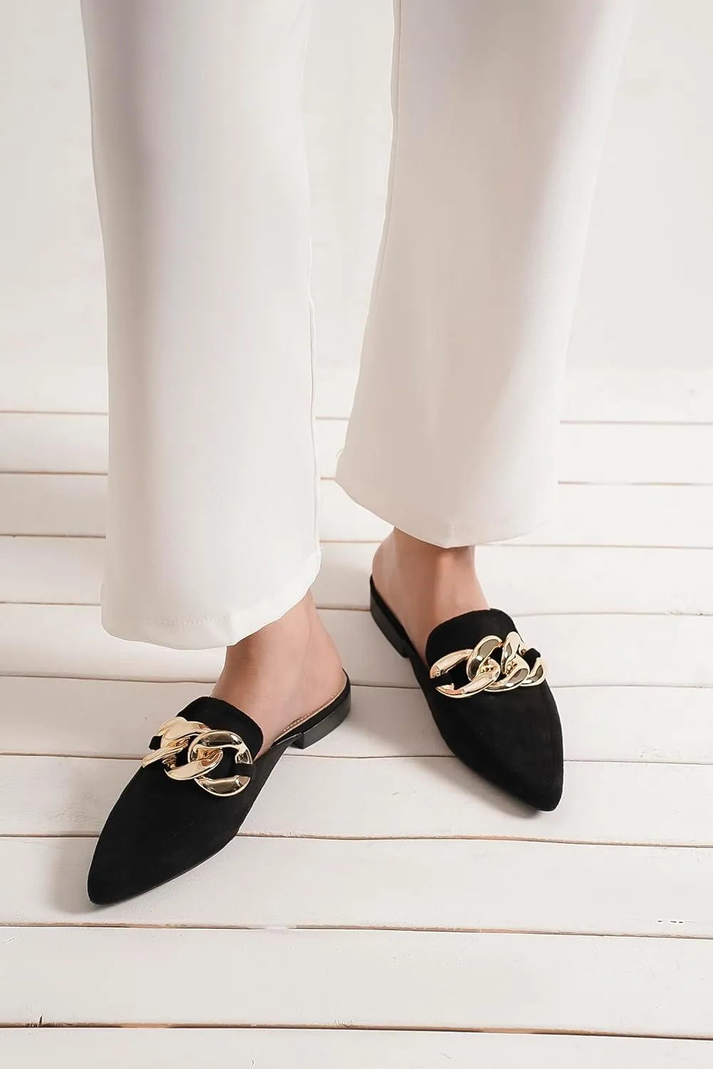 Women's White Buckle Mules: Pointed Toe, Flat Heel, Slip On, Casual Mule Shoes