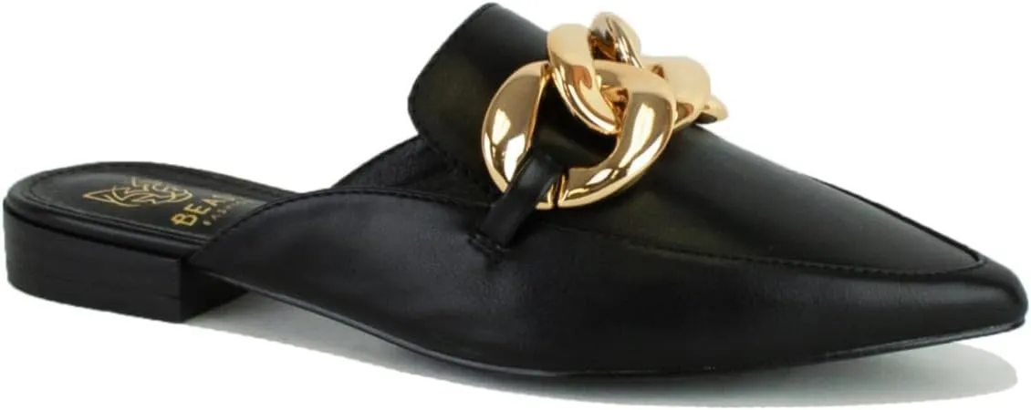 Women's White Buckle Mules: Pointed Toe, Flat Heel, Slip On, Casual Mule Shoes