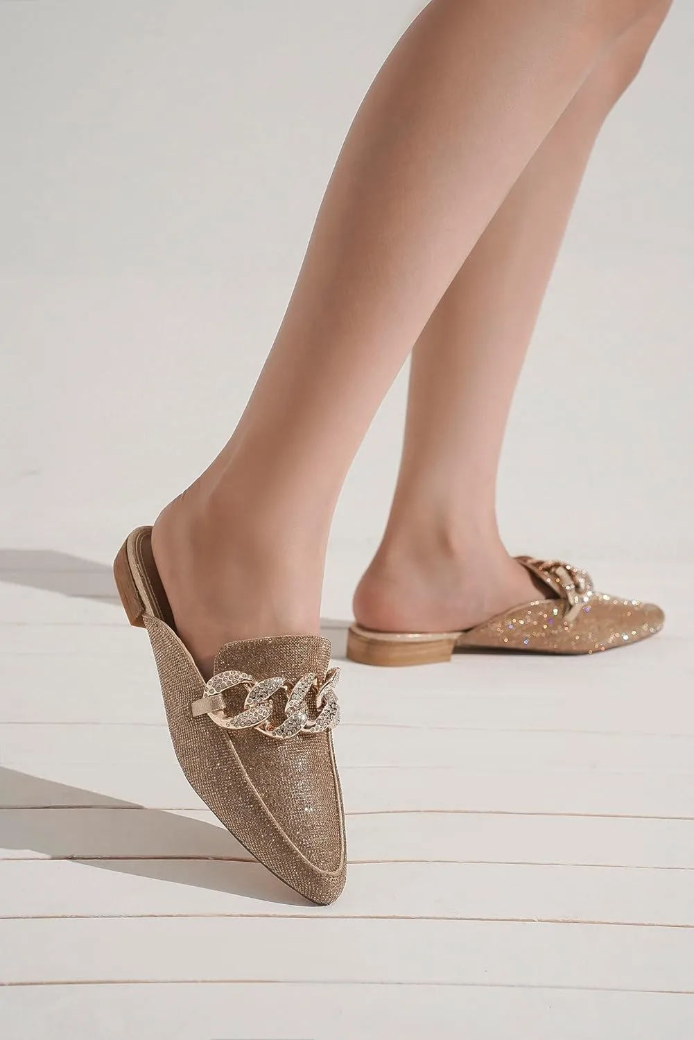 Women's White Buckle Mules: Pointed Toe, Flat Heel, Slip On, Casual Mule Shoes