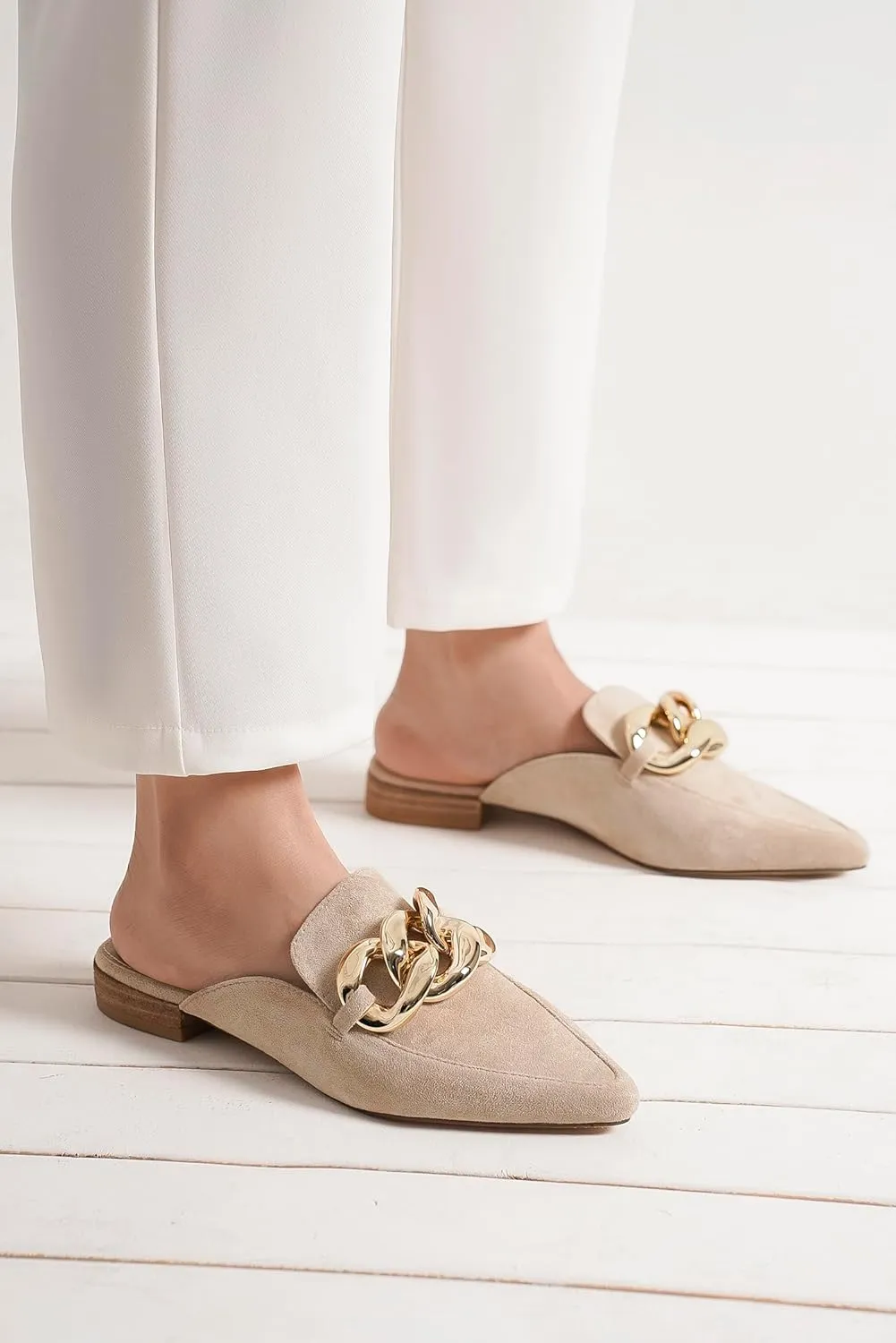 Women's White Buckle Mules: Pointed Toe, Flat Heel, Slip On, Casual Mule Shoes
