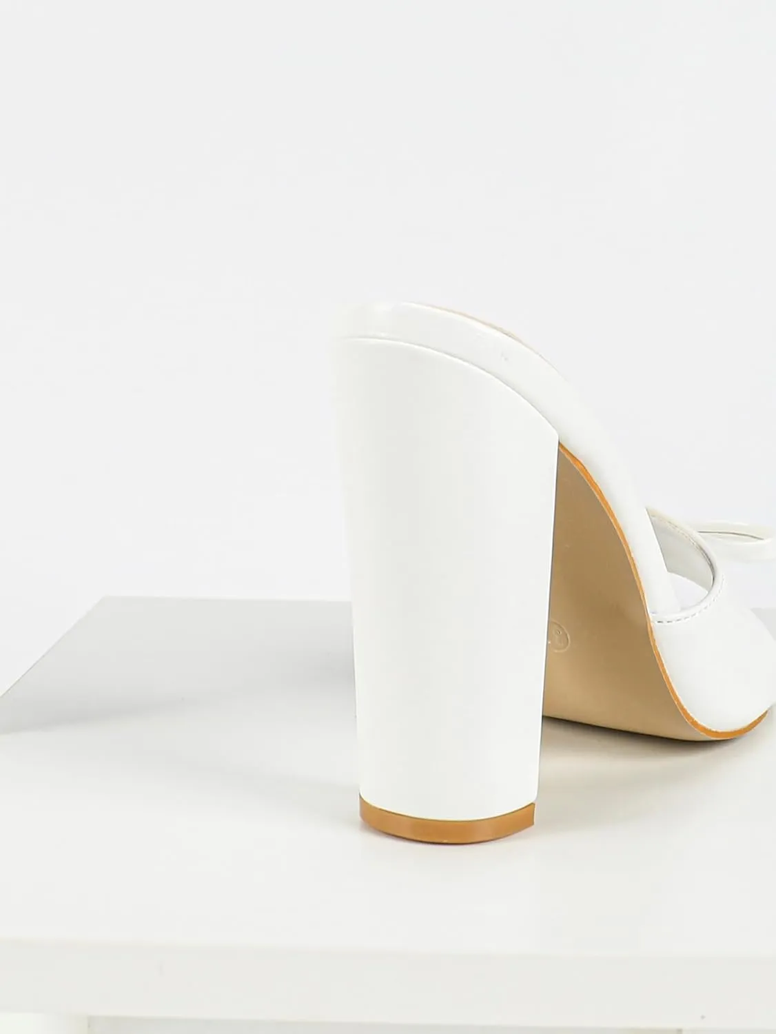 Women's White Leather High Heel Mules – Fishmouth Bow Slides – Thick Heel Party Shoes (Sizes 6-10.5)