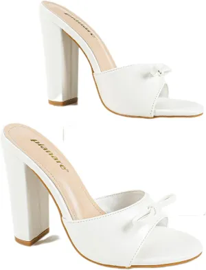 Women's White Leather High Heel Mules – Fishmouth Bow Slides – Thick Heel Party Shoes (Sizes 6-10.5)