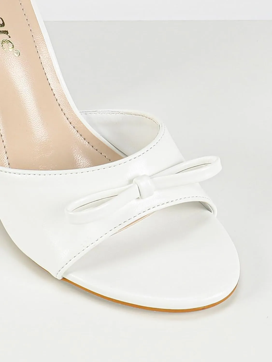 Women's White Leather High Heel Mules – Fishmouth Bow Slides – Thick Heel Party Shoes (Sizes 6-10.5)