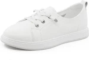 Women’s White Tennis Sneakers PU Leather Slip-On Low Top Casual Walking Shoes
