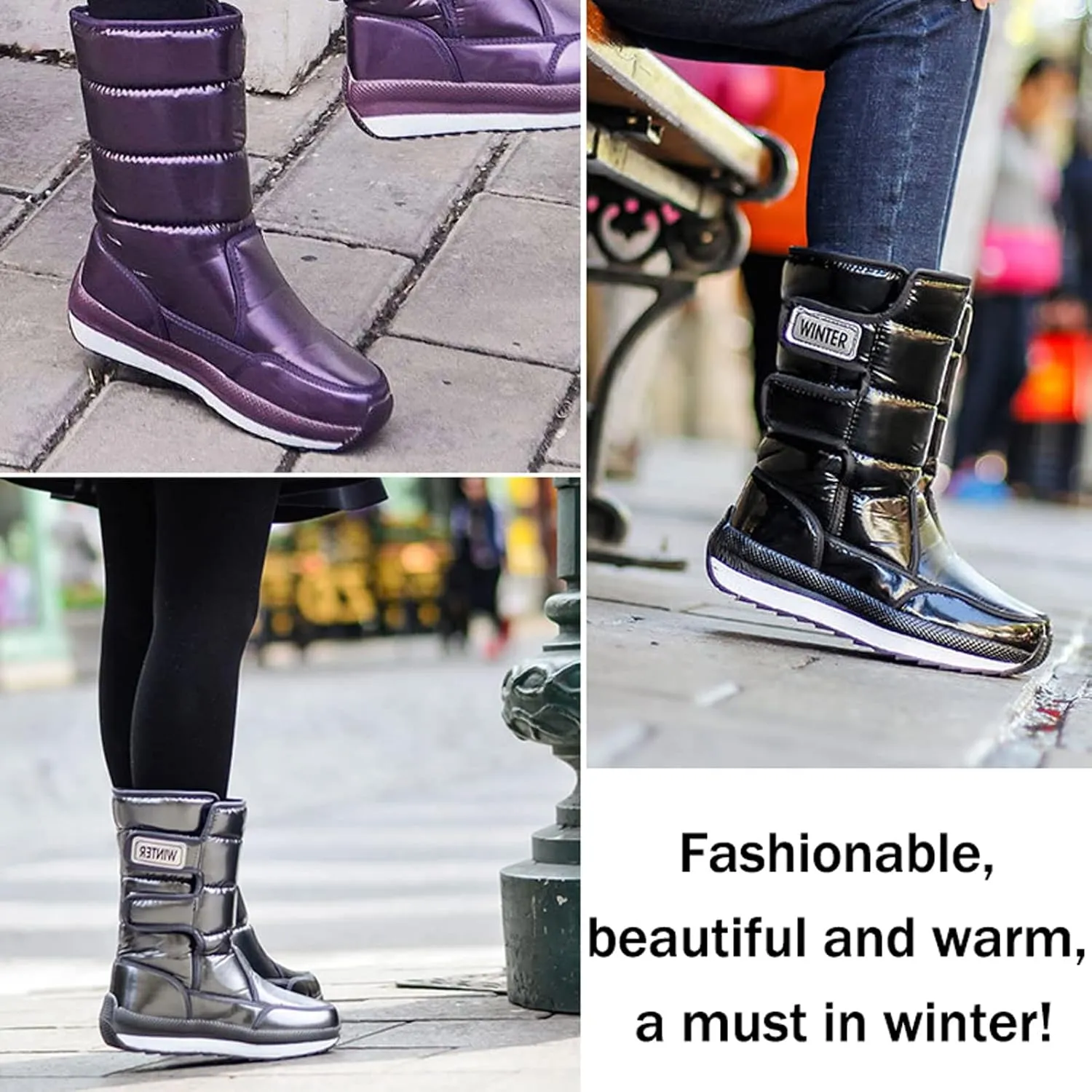 Womens Winter Snow Boots Fashion Fur Lined Warm Booties Ladies Outdoor Waterproof Flat Thicken Thermal Winter Shoes Non-Slip Mid Calf Walking Shoes