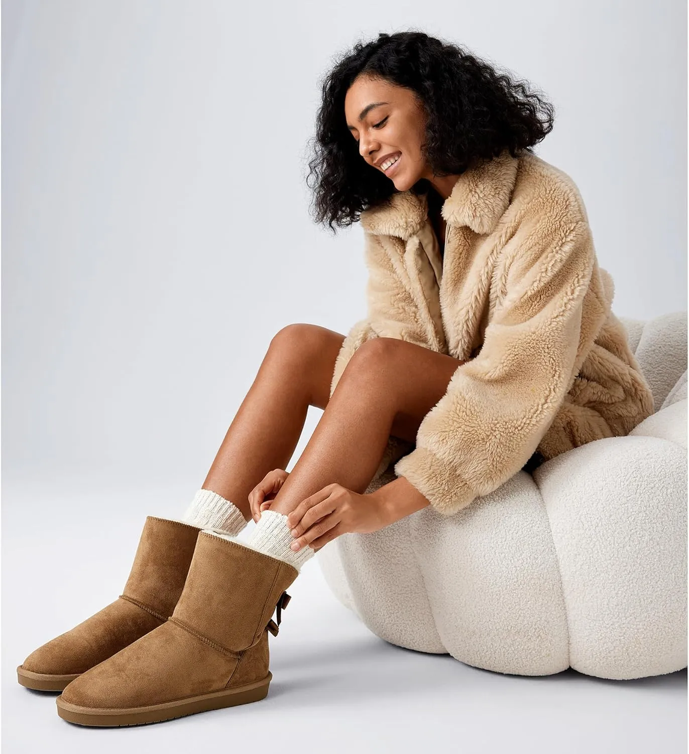 Women's Winter Snow Boots Mid-Calf Faux Suede Slip-On with Soft Faux Fur Lining