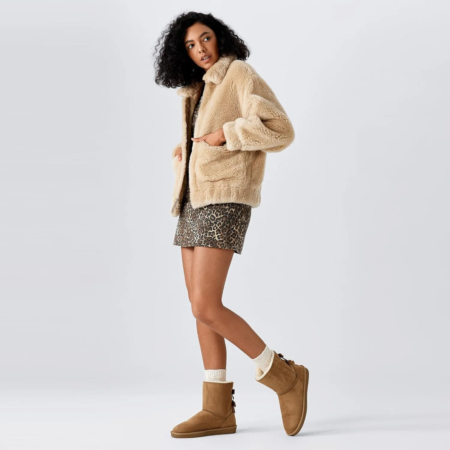 Women's Winter Snow Boots Mid-Calf Faux Suede Slip-On with Soft Faux Fur Lining