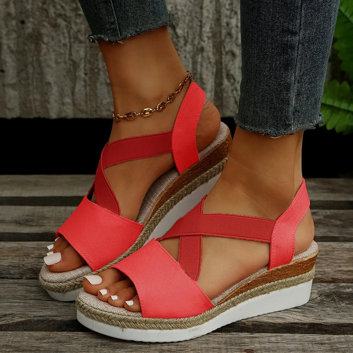 Womenyiaor D-Red Wedge Sandal for Women, Comfortable Slip on Sandals, Orthopedic Sandals, Casual Shoes (9)