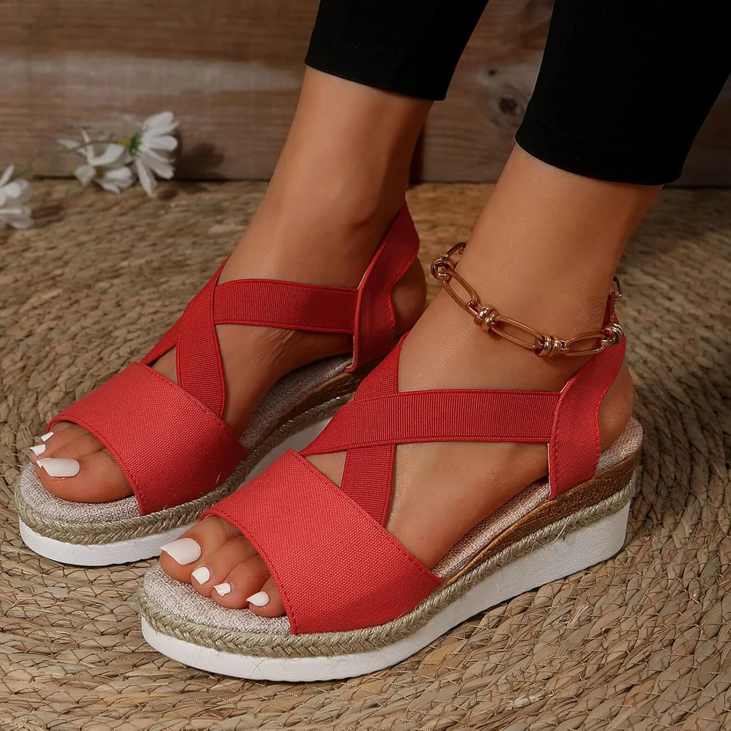 Womenyiaor D-Red Wedge Sandal for Women, Comfortable Slip on Sandals, Orthopedic Sandals, Casual Shoes (9)