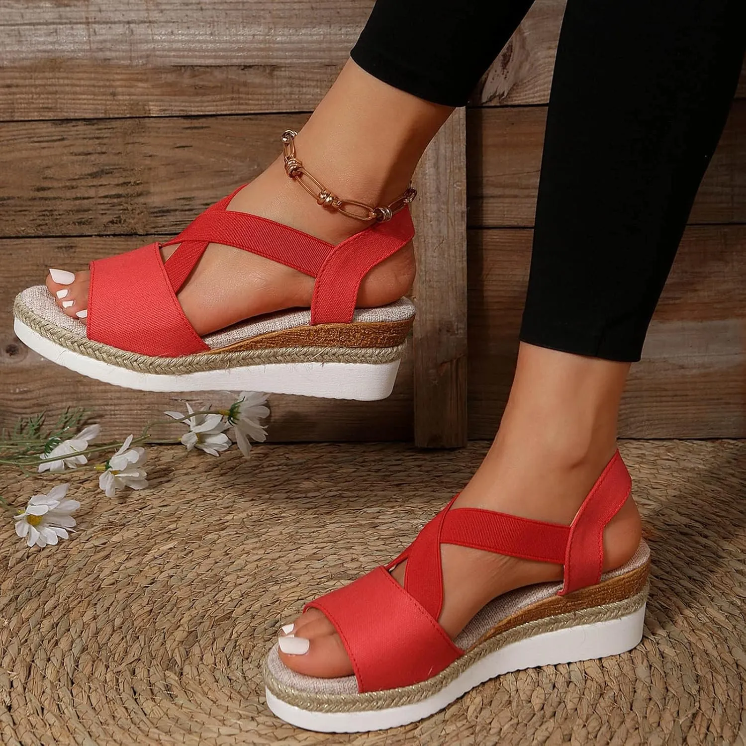 Womenyiaor D-Red Wedge Sandal for Women, Comfortable Slip on Sandals, Orthopedic Sandals, Casual Shoes (9)