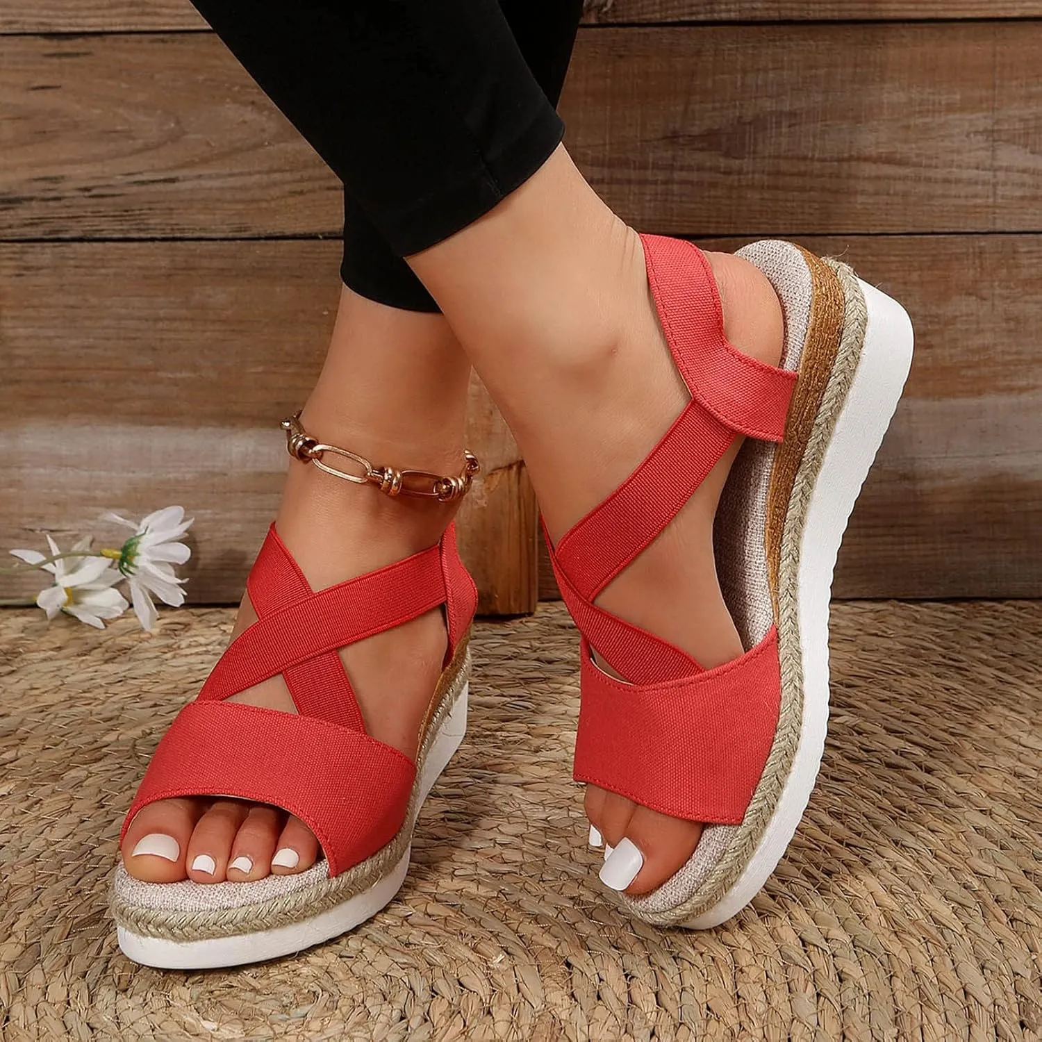 Womenyiaor D-Red Wedge Sandal for Women, Comfortable Slip on Sandals, Orthopedic Sandals, Casual Shoes (9)