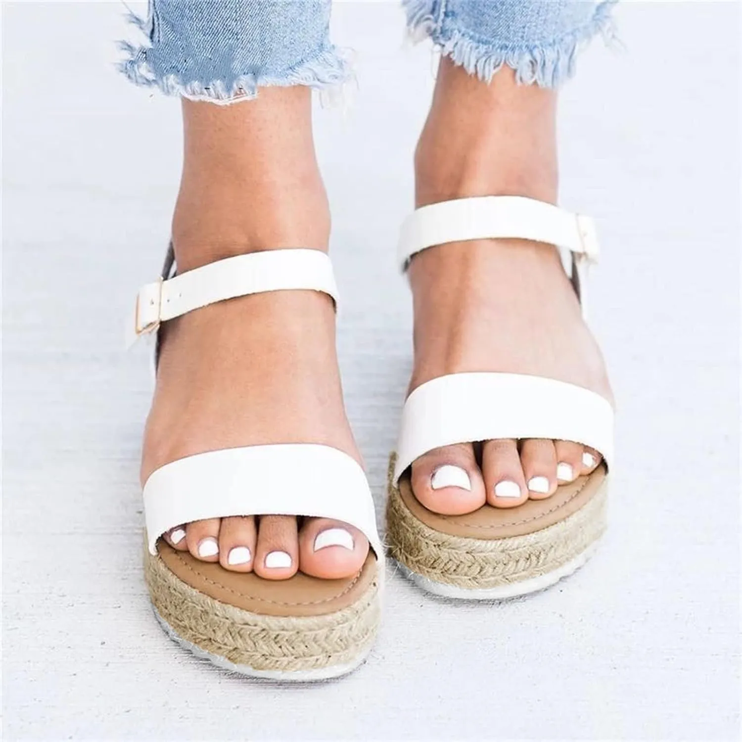 Womenyiaor Platform Sandals for Women Dressy Summer Flat Open Toe Ankle Strap Espadrilles Flatform Platform Wedge Sandals Women Fashion Summer Comfortable Walking Sandals Casual (b-White, 9)