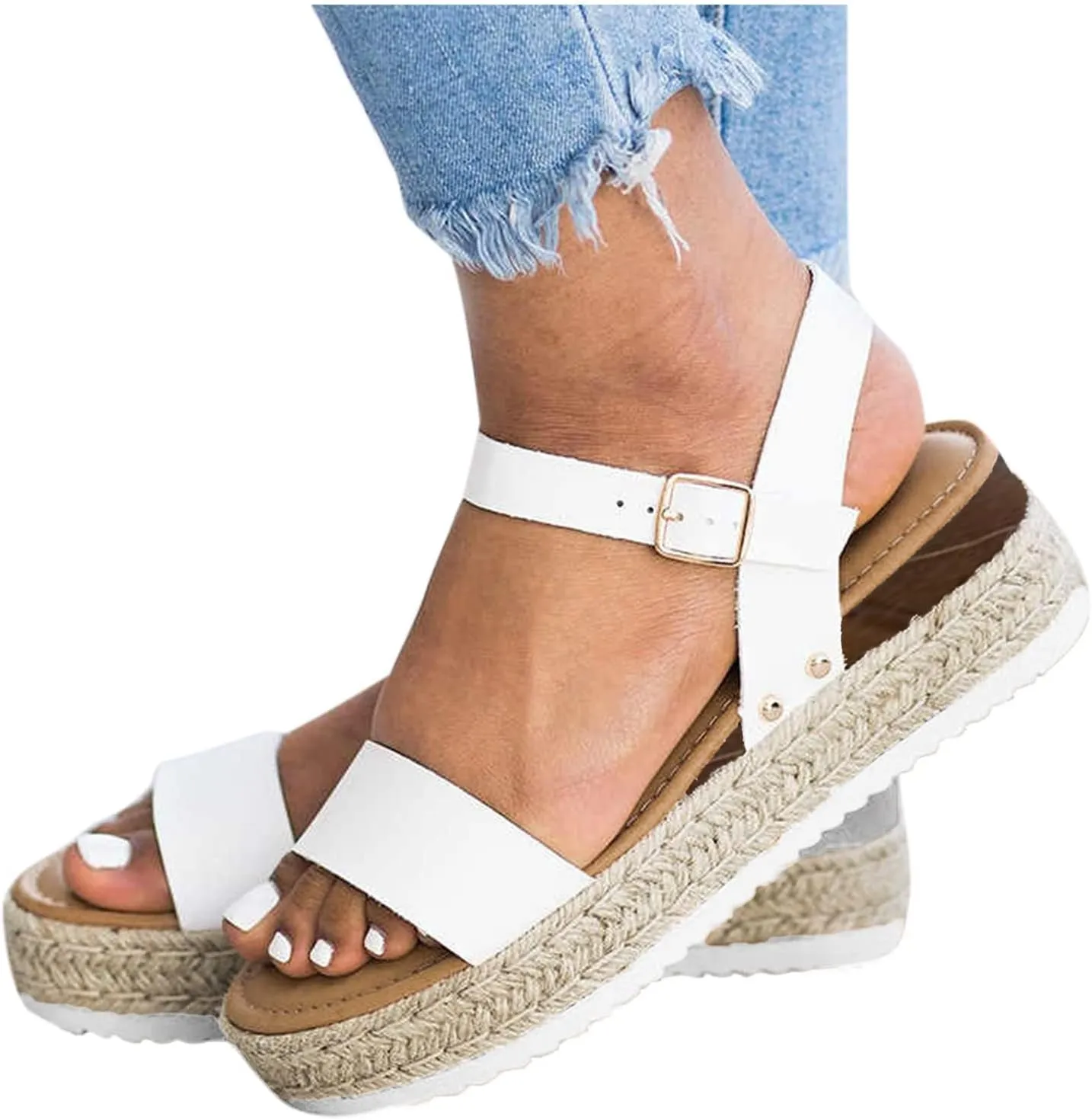 Womenyiaor Platform Sandals for Women Dressy Summer Flat Open Toe Ankle Strap Espadrilles Flatform Platform Wedge Sandals Women Fashion Summer Comfortable Walking Sandals Casual (b-White, 9)