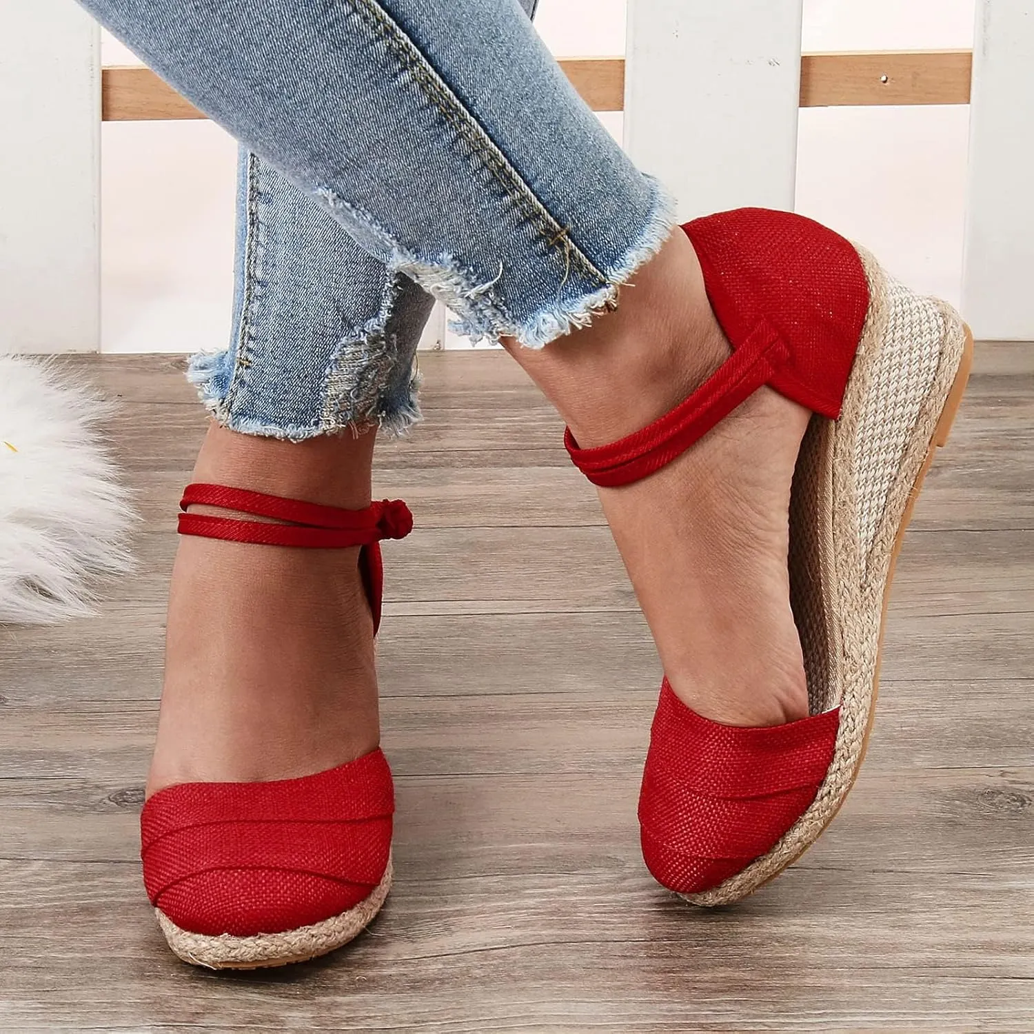 Womenyiaor Sandals for Women Dressy Summer, Women's Ankle Strap Closed Toe Espadrille Wedge Sandals Dressy Platform Wedge Sandals Casual Shoes (b-Red, 9)