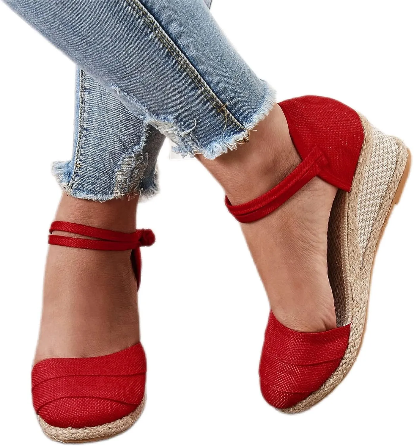 Womenyiaor Sandals for Women Dressy Summer, Women's Ankle Strap Closed Toe Espadrille Wedge Sandals Dressy Platform Wedge Sandals Casual Shoes (b-Red, 9)