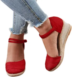 Womenyiaor Sandals for Women Dressy Summer, Women's Ankle Strap Closed Toe Espadrille Wedge Sandals Dressy Platform Wedge Sandals Casual Shoes (b-Red, 9)