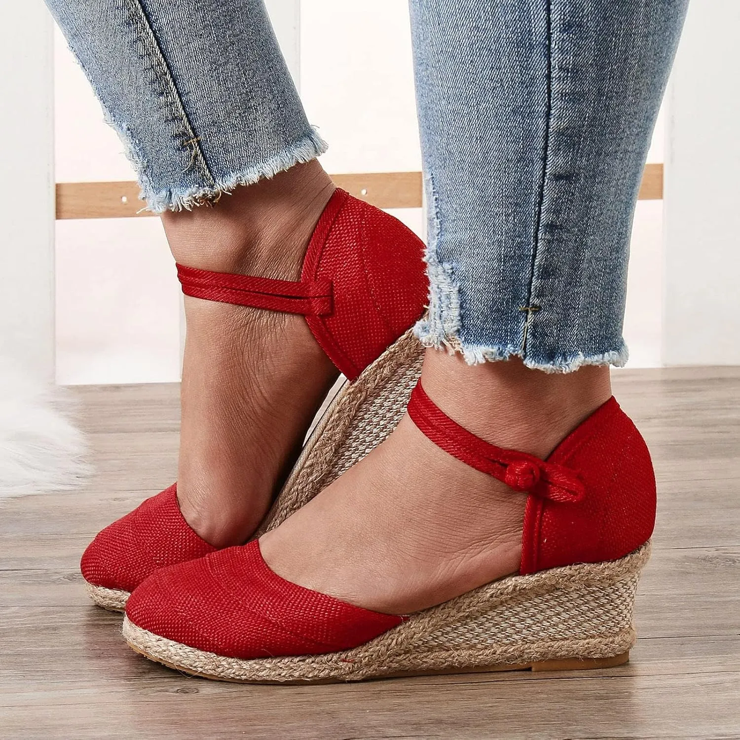 Womenyiaor Sandals for Women Dressy Summer, Women's Ankle Strap Closed Toe Espadrille Wedge Sandals Dressy Platform Wedge Sandals Casual Shoes (b-Red, 9)