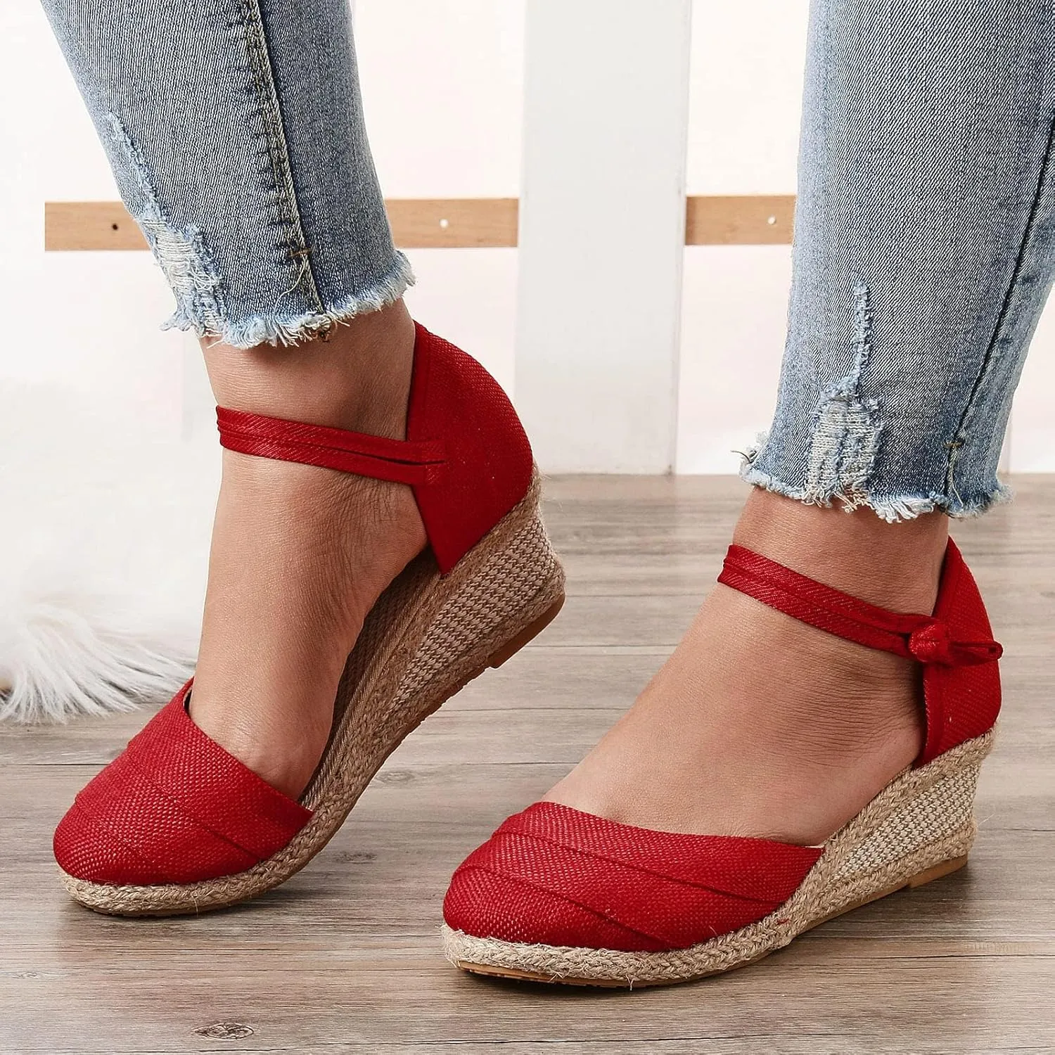 Womenyiaor Sandals for Women Dressy Summer, Women's Ankle Strap Closed Toe Espadrille Wedge Sandals Dressy Platform Wedge Sandals Casual Shoes (b-Red, 9)