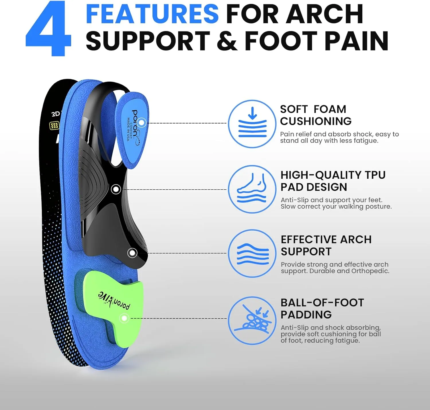 Work Boot Insoles Plantar Fasciitis - Welnove Heavy Duty Inserts for Pain Fatigue Relief, Standing All Day - High Arch Support Shoe Insoles Orthotic for Flat Feet, Achilles Tendonitis, Men Women (XS)