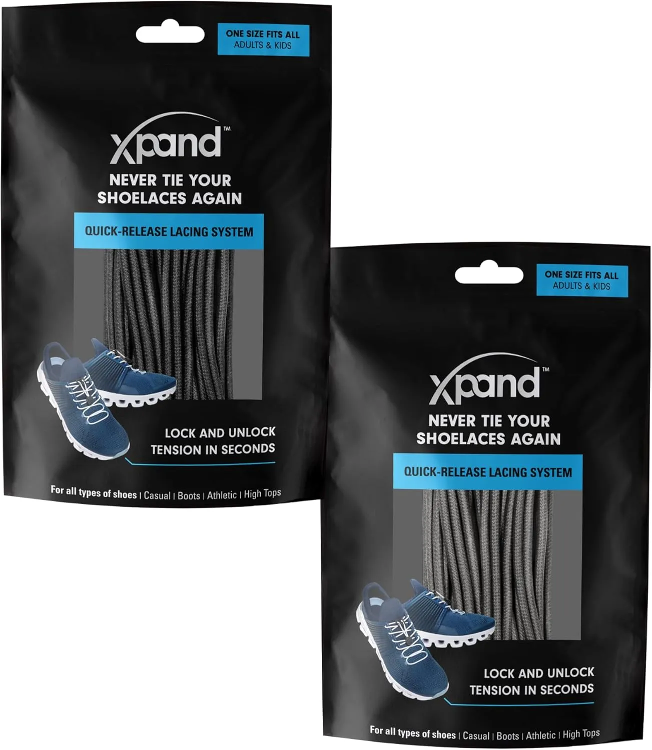 Xpand Round No Tie Shoelaces - Elastic Lacing System - One Size Fits All Adults and Kids Shoes (Pack of 2)