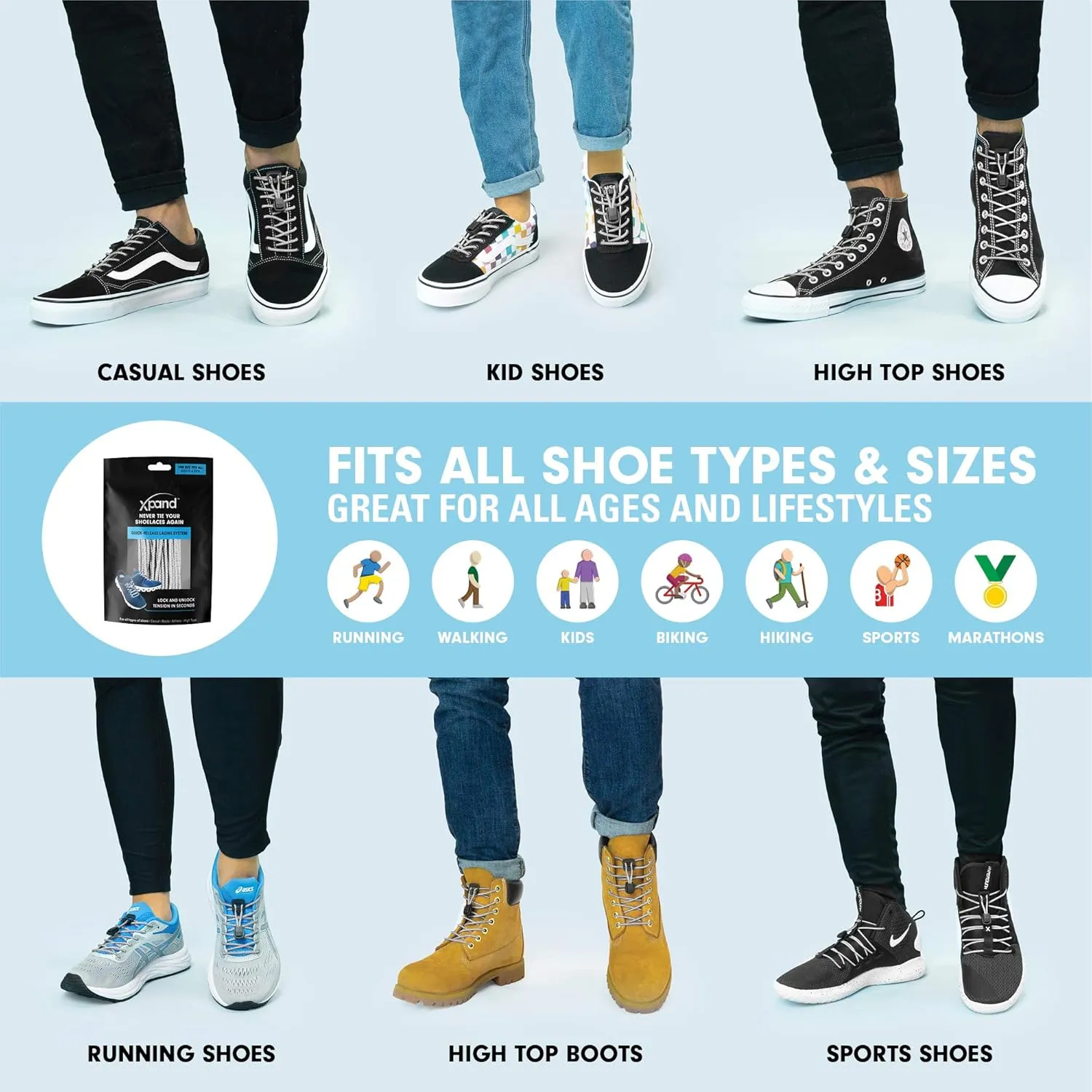 Xpand Round No Tie Shoelaces - Elastic Lacing System - One Size Fits All Adults and Kids Shoes (Pack of 2)