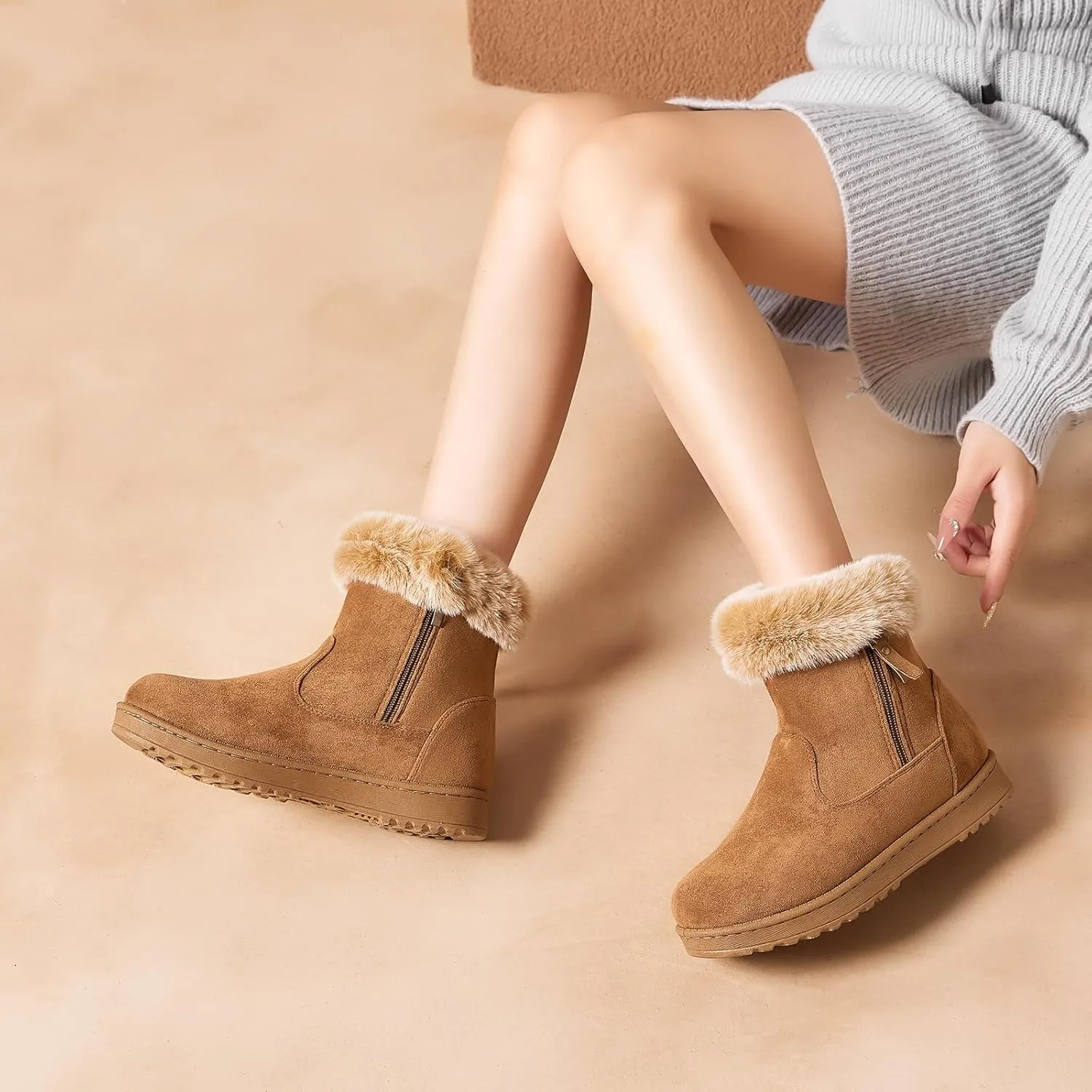 yageyan womens winter boots Mid calf snow booties fur lined womens warm ankle booties for outdoors