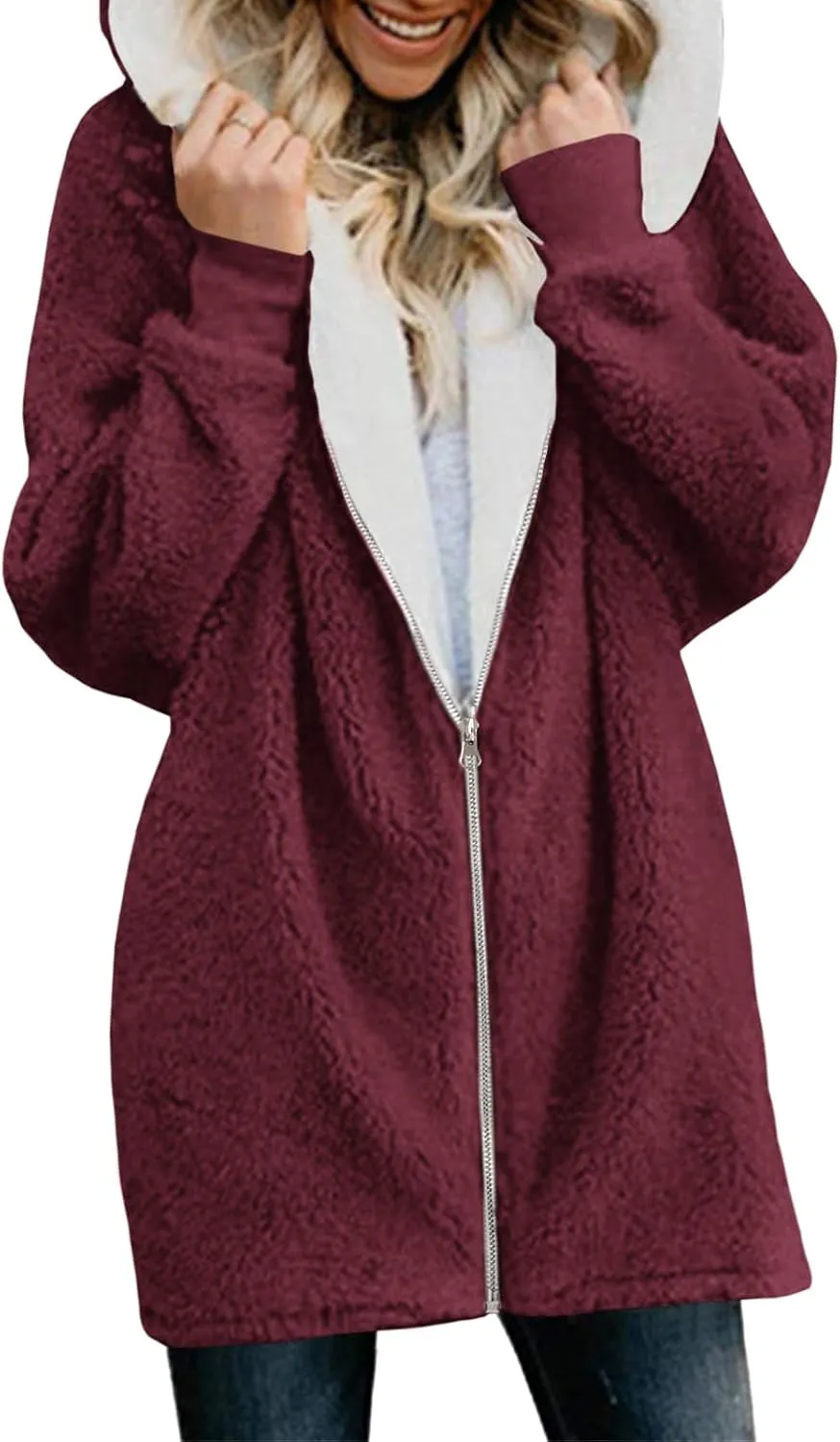Yanekop Womens Oversized Sherpa Jacket Fuzzy Fleece Jackets Zip Up Outerwear Sweater Coat with Hood