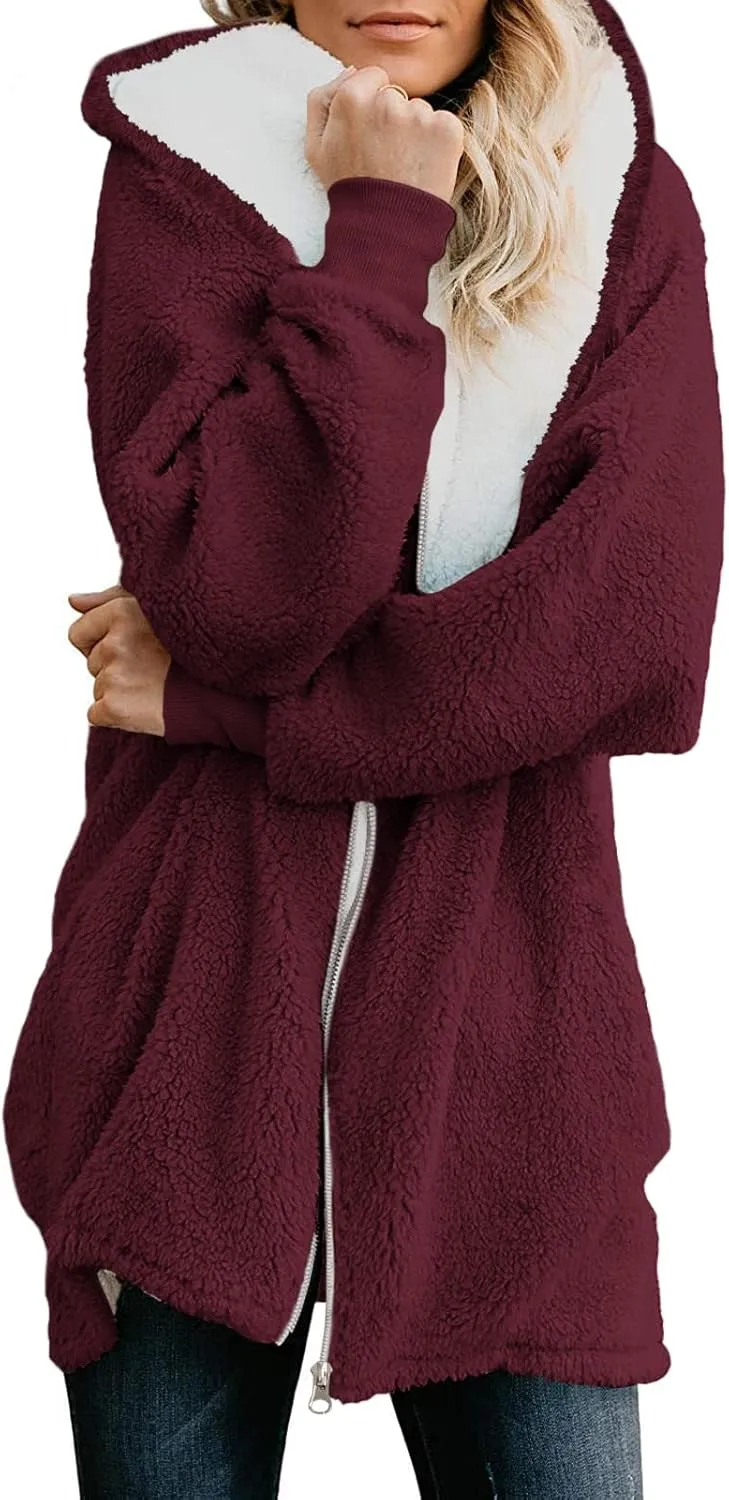 Yanekop Womens Oversized Sherpa Jacket Fuzzy Fleece Jackets Zip Up Outerwear Sweater Coat with Hood