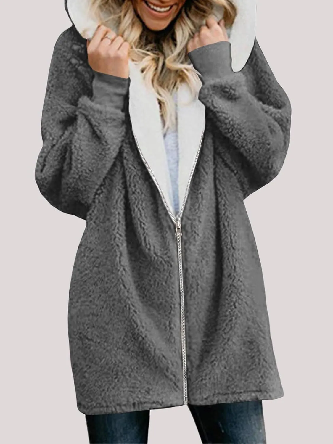 Yanekop Womens Oversized Sherpa Jacket Fuzzy Fleece Jackets Zip Up Outerwear Sweater Coat with Hood