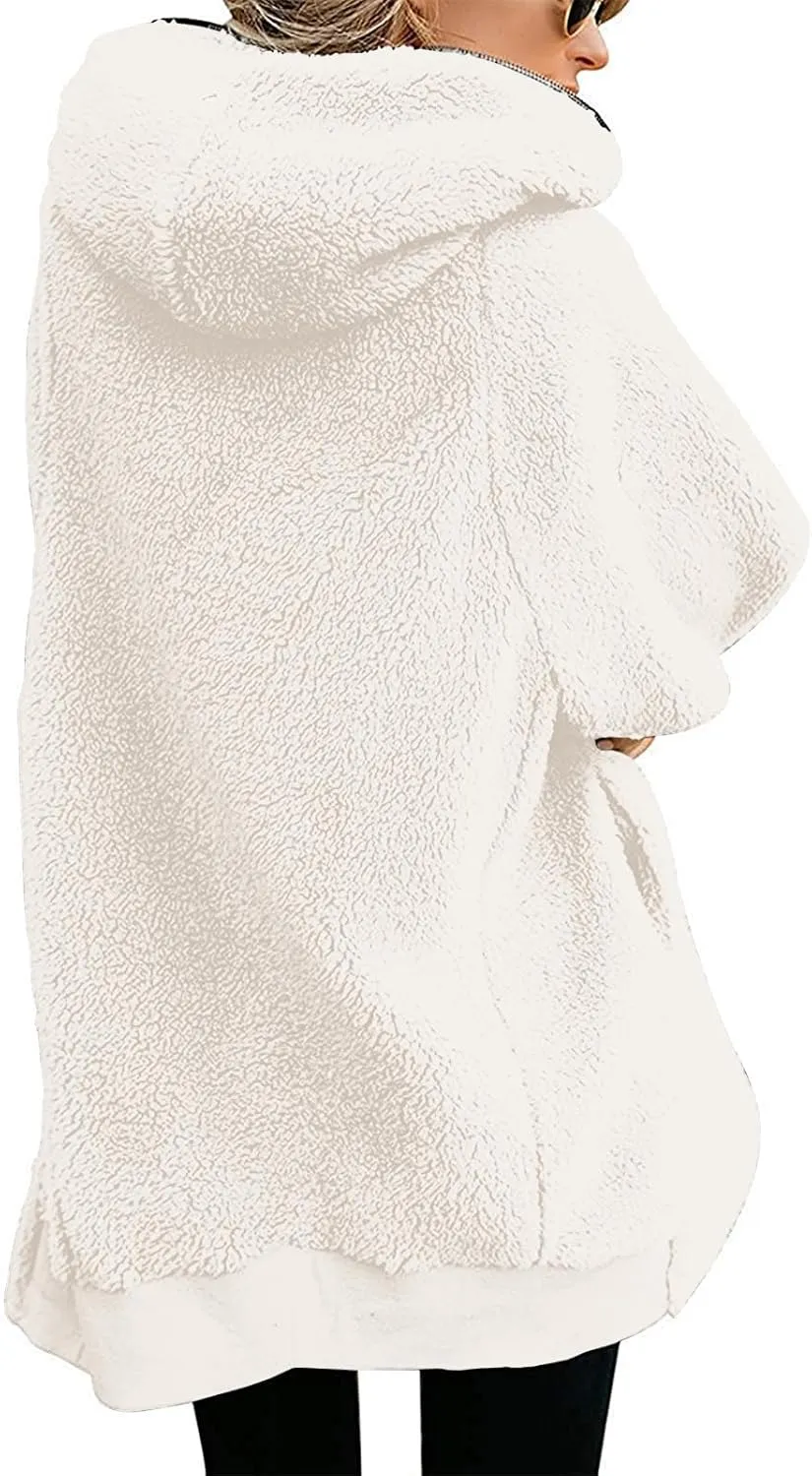 Yanekop Womens Oversized Sherpa Jacket Fuzzy Fleece Jackets Zip Up Outerwear Sweater Coat with Hood