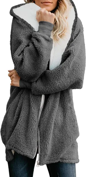 Yanekop Womens Oversized Sherpa Jacket Fuzzy Fleece Jackets Zip Up Outerwear Sweater Coat with Hood