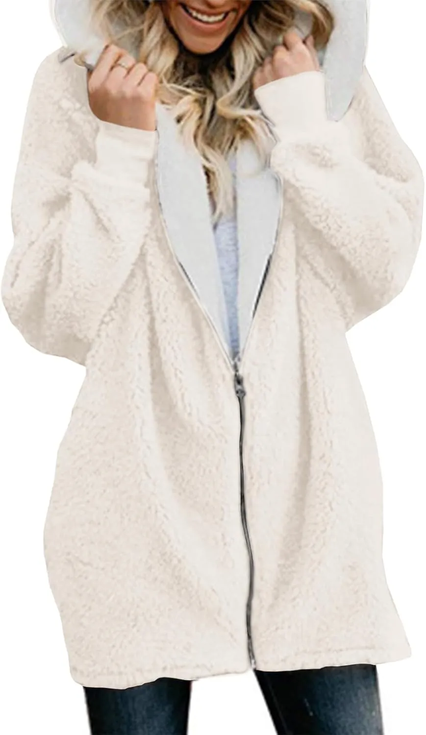 Yanekop Womens Oversized Sherpa Jacket Fuzzy Fleece Jackets Zip Up Outerwear Sweater Coat with Hood