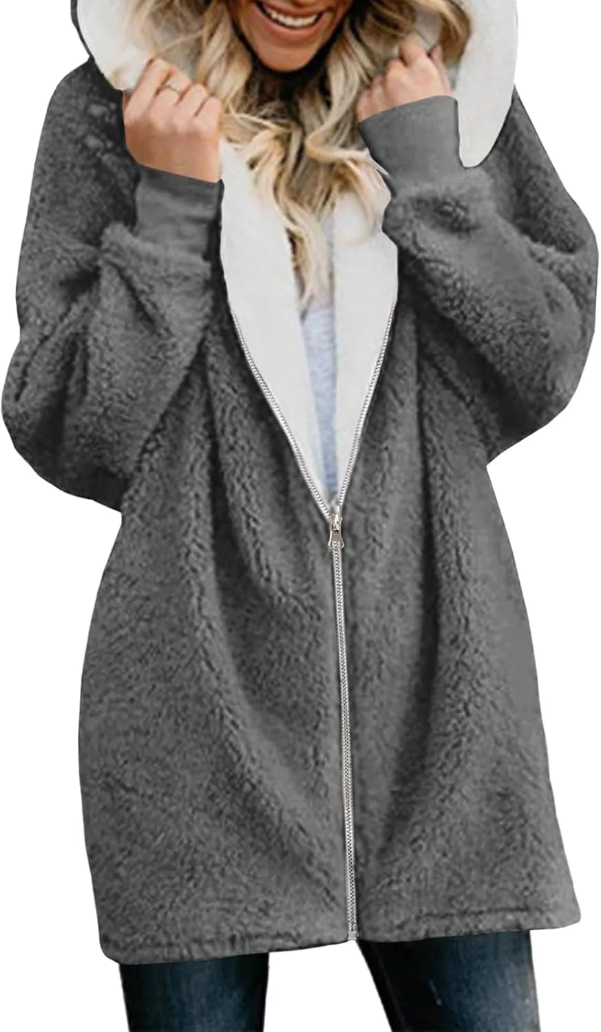 Yanekop Womens Oversized Sherpa Jacket Fuzzy Fleece Jackets Zip Up Outerwear Sweater Coat with Hood