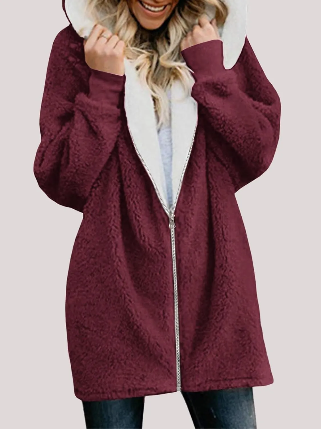 Yanekop Womens Oversized Sherpa Jacket Fuzzy Fleece Jackets Zip Up Outerwear Sweater Coat with Hood
