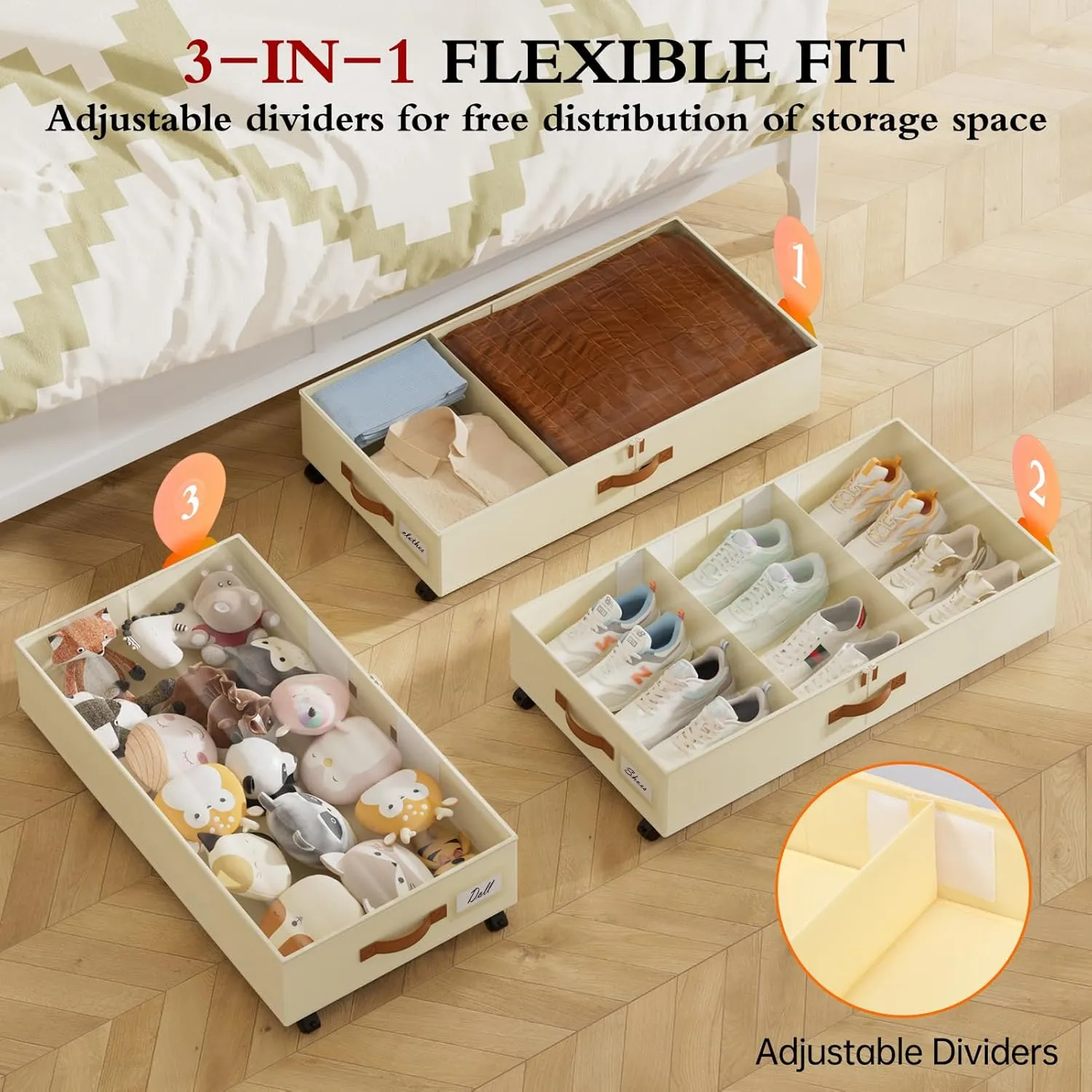 Yecaye Under Bed Storage with Wheels, 2Pack Under Bed Storage Containers with Adjustable Dividers & Clear Lid, Rolling Underbed Organizer Bins Drawers for Clothes, Shoes, Blankets(33.3 x 16.5 x 6.7in)