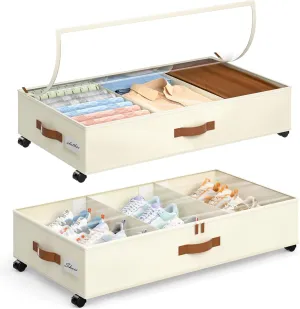 Yecaye Under Bed Storage with Wheels, 2Pack Under Bed Storage Containers with Adjustable Dividers & Clear Lid, Rolling Underbed Organizer Bins Drawers for Clothes, Shoes, Blankets(33.3 x 16.5 x 6.7in)
