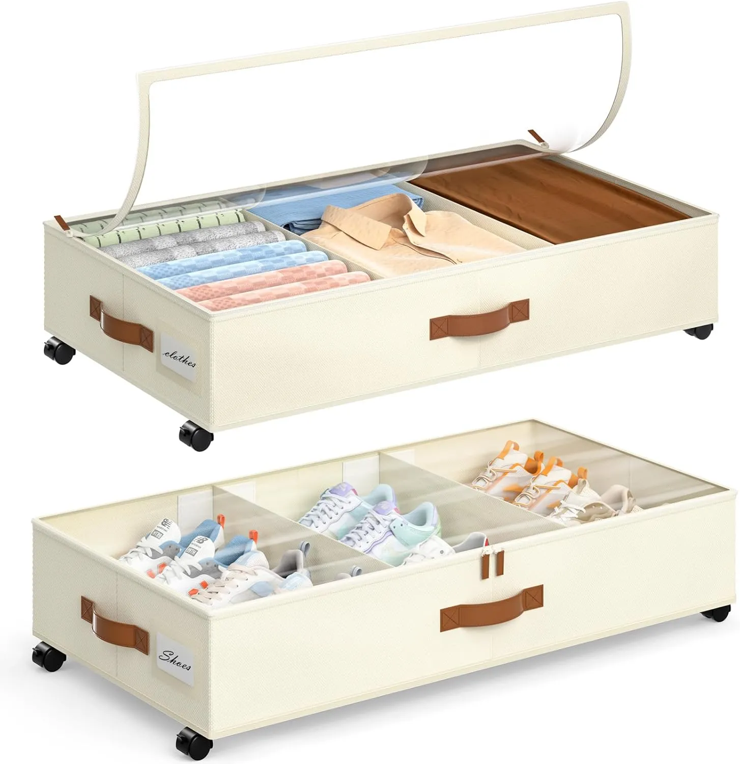 Yecaye Under Bed Storage with Wheels, 2Pack Under Bed Storage Containers with Adjustable Dividers & Clear Lid, Rolling Underbed Organizer Bins Drawers for Clothes, Shoes, Blankets(33.3 x 16.5 x 6.7in)