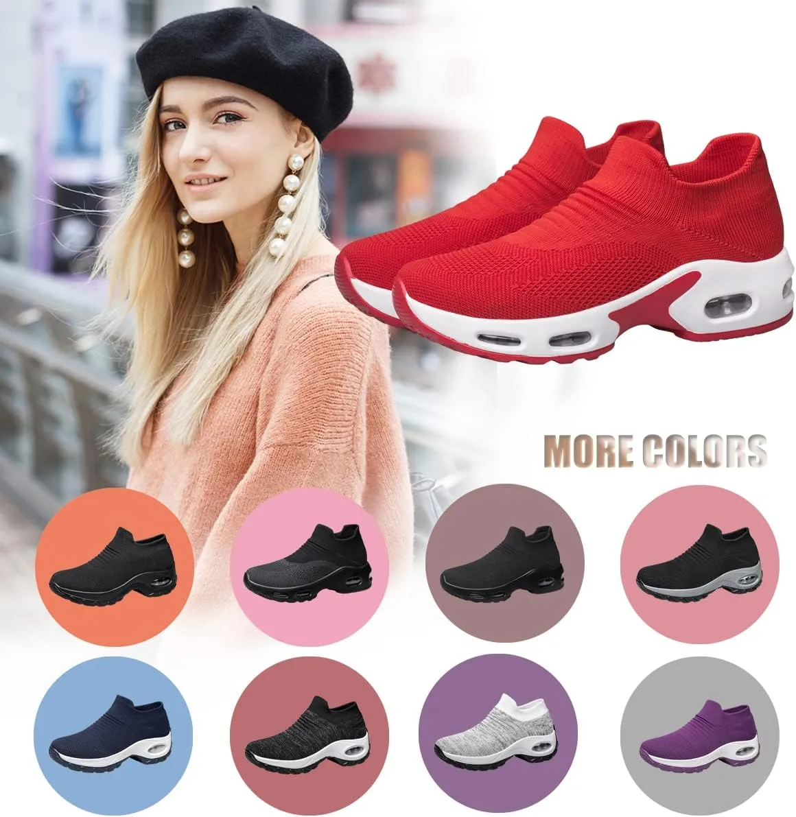 YHOON Women's Walking Shoes - Sock Sneakers Slip on Mesh Platform Air Cushion Athletic Shoes Work Nurse Comfortable