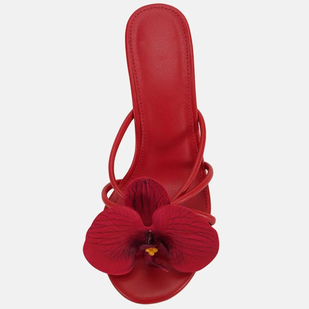 YIYA Women's 3D Flower Strappy Kitten Heels Sandals Elegant Open Round Toe Slip On Slide Floral Slingback Mules Cute Wedding Vacation Party Summer Dress Shoes