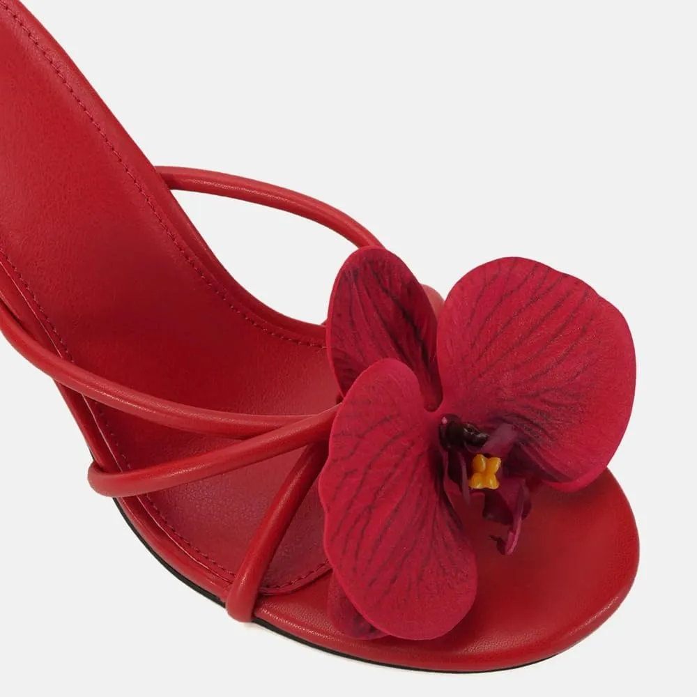 YIYA Women's 3D Flower Strappy Kitten Heels Sandals Elegant Open Round Toe Slip On Slide Floral Slingback Mules Cute Wedding Vacation Party Summer Dress Shoes