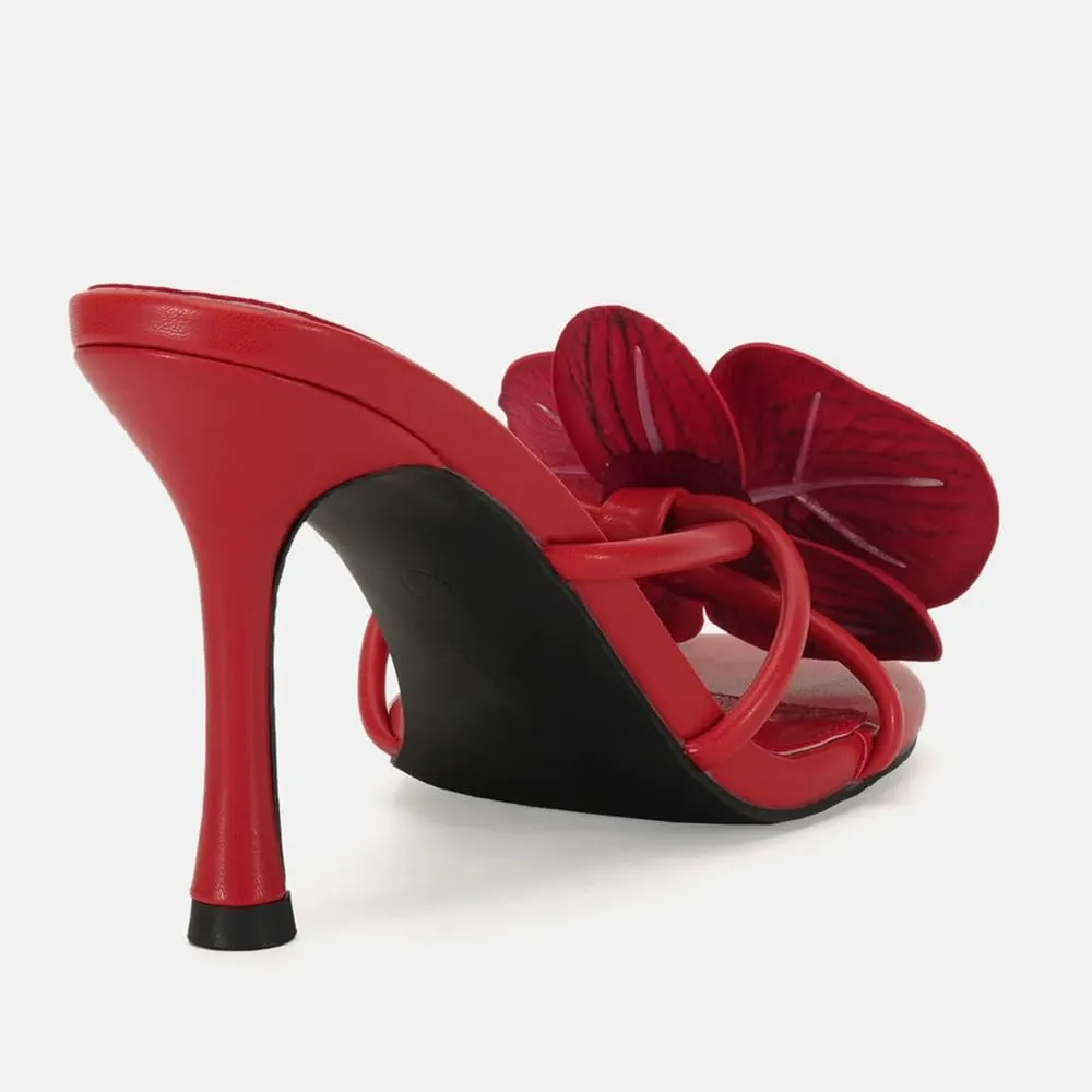 YIYA Women's 3D Flower Strappy Kitten Heels Sandals Elegant Open Round Toe Slip On Slide Floral Slingback Mules Cute Wedding Vacation Party Summer Dress Shoes