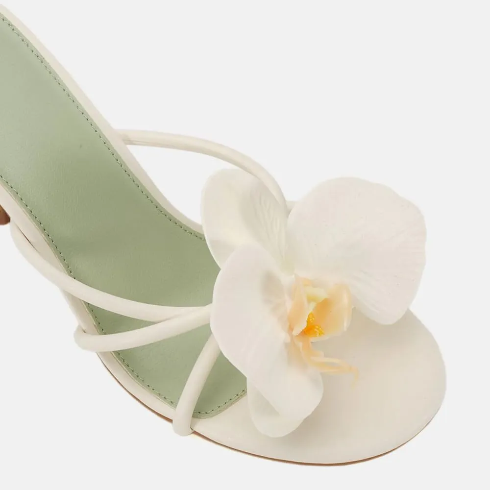 YIYA Women's 3D Flower Strappy Kitten Heels Sandals Elegant Open Round Toe Slip On Slide Floral Slingback Mules Cute Wedding Vacation Party Summer Dress Shoes
